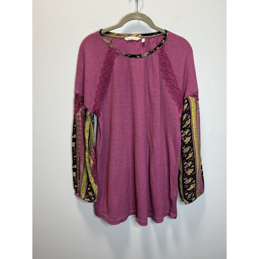 Soft Surroundings Women's Top L Mauve Waffle Knit Floral Raglan Sleeve Crochet